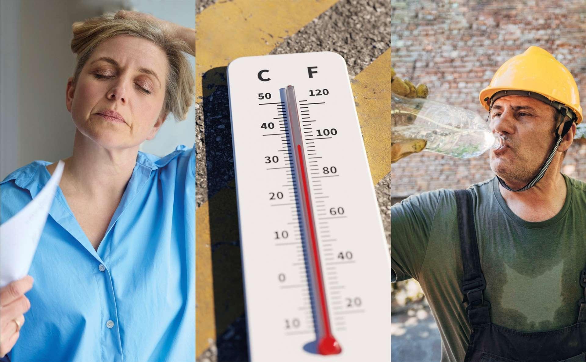 Gesundheitsrisiko Hitze: Foto-Collage zeigt ein Thermometer sowie unter Hitze leidende Menschen bei der Arbeit.