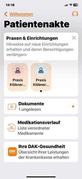 Screenshot der DAK ePA-App: Berechtigungen vergeben - Einrichtungen auswählen