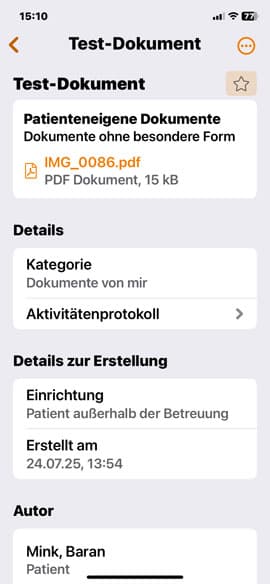 Screenshot aus der DAK ePA-App: Testdokument auswählen