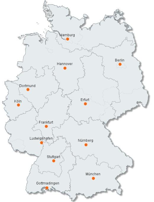 Bild: Deutschlandkarte mit den Fachzentren für Mitgliedschaft und Beiträge der DAK.