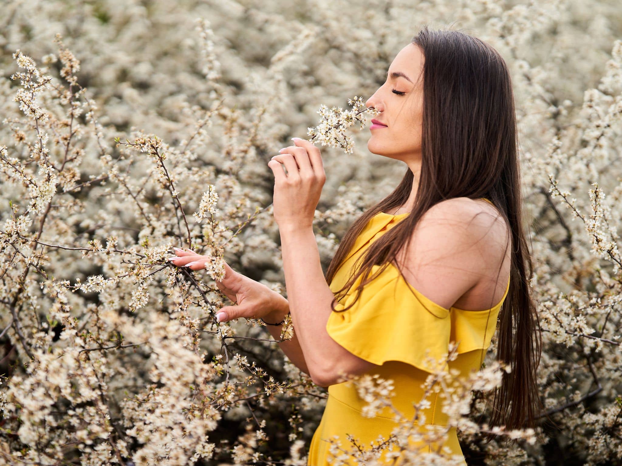 Symbolbild: Frau steht in mitten von blühenden Schlehen und erfreut sich an dem Geruch