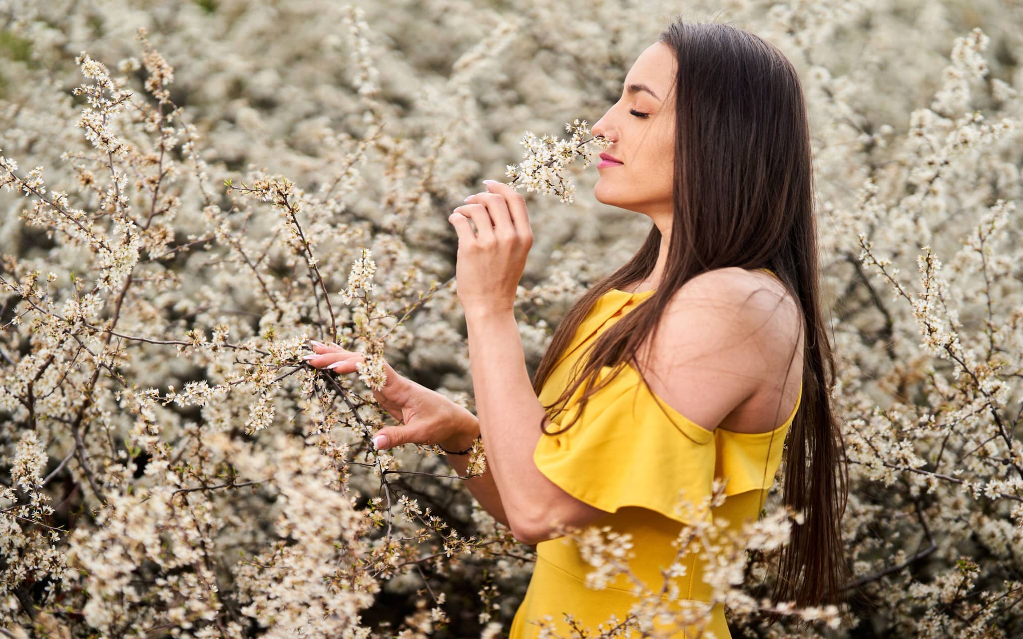 Symbolbild: Frau steht in mitten von blühenden Schlehen und erfreut sich an dem Geruch