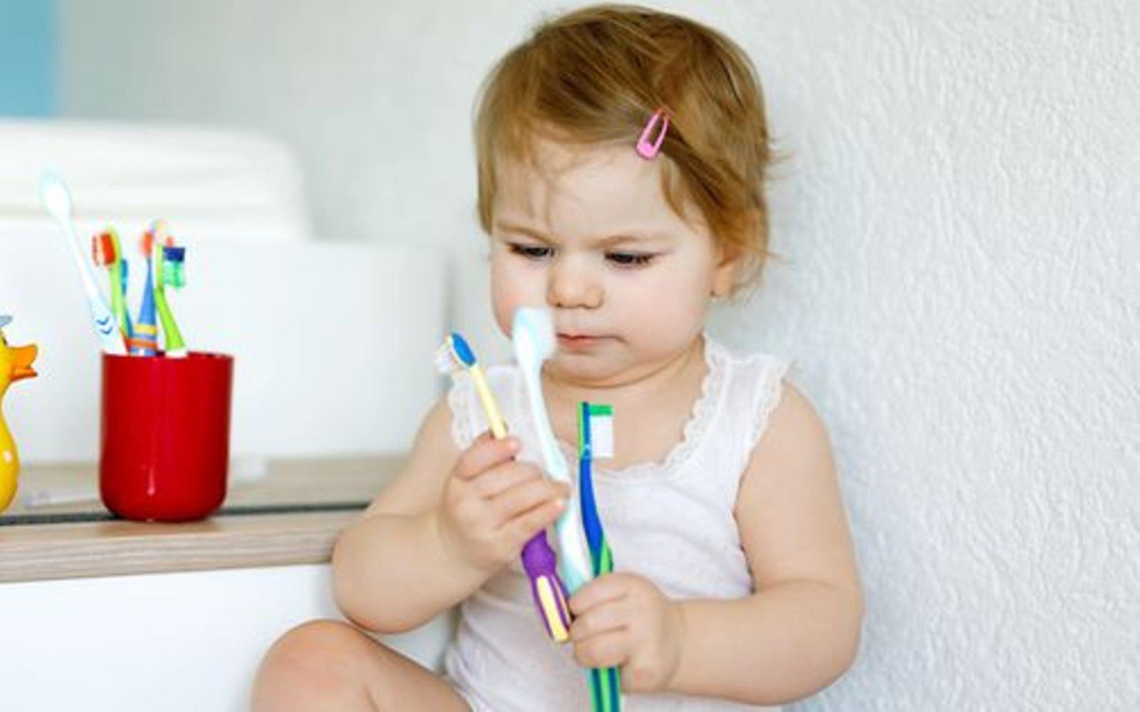 Kreidezähne bei Kindern: Ein kleines Mädchen beäugt Zahnbürsten in ihren Händen