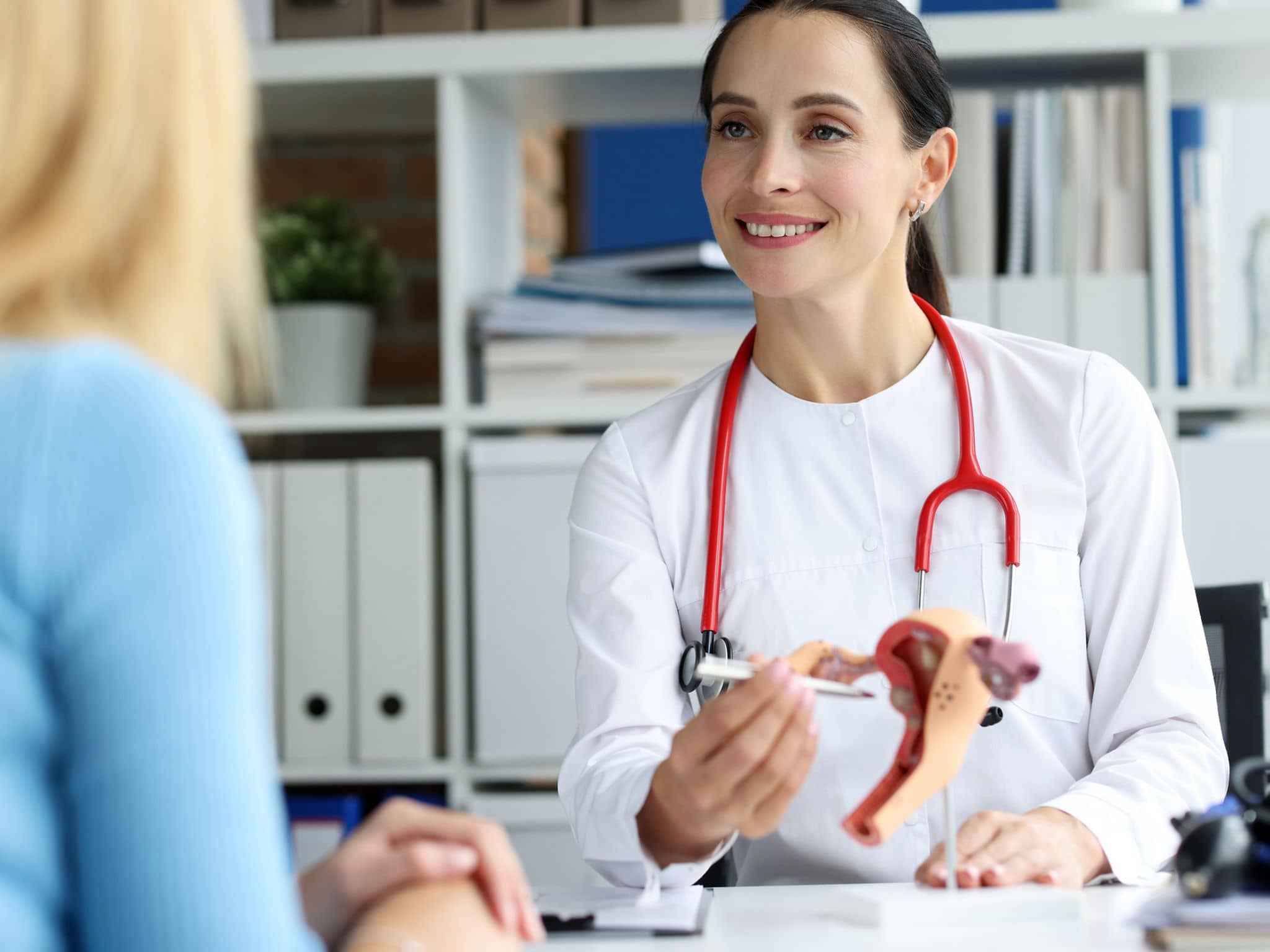 Gebärmutterentfernung: Eine Frauenärztin erklärt einer Patientin die Gebärmutter