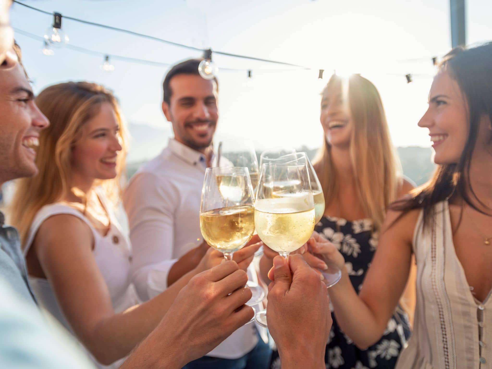 Alkohol bei Hitze: Eine Gruppe von jungen Menschen trinkt Alkohol in der Sonne