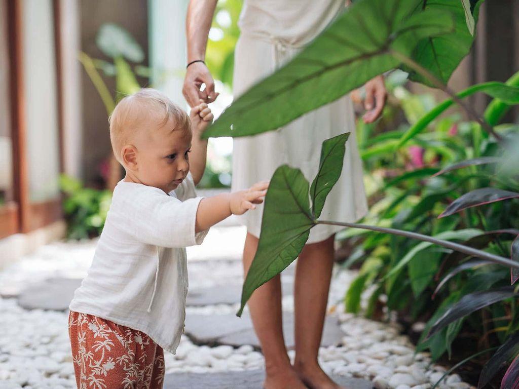 U6 Untersuchung: Kleiner Junge entdeckt an Mamas Hand das Blatt einer Pflanze.