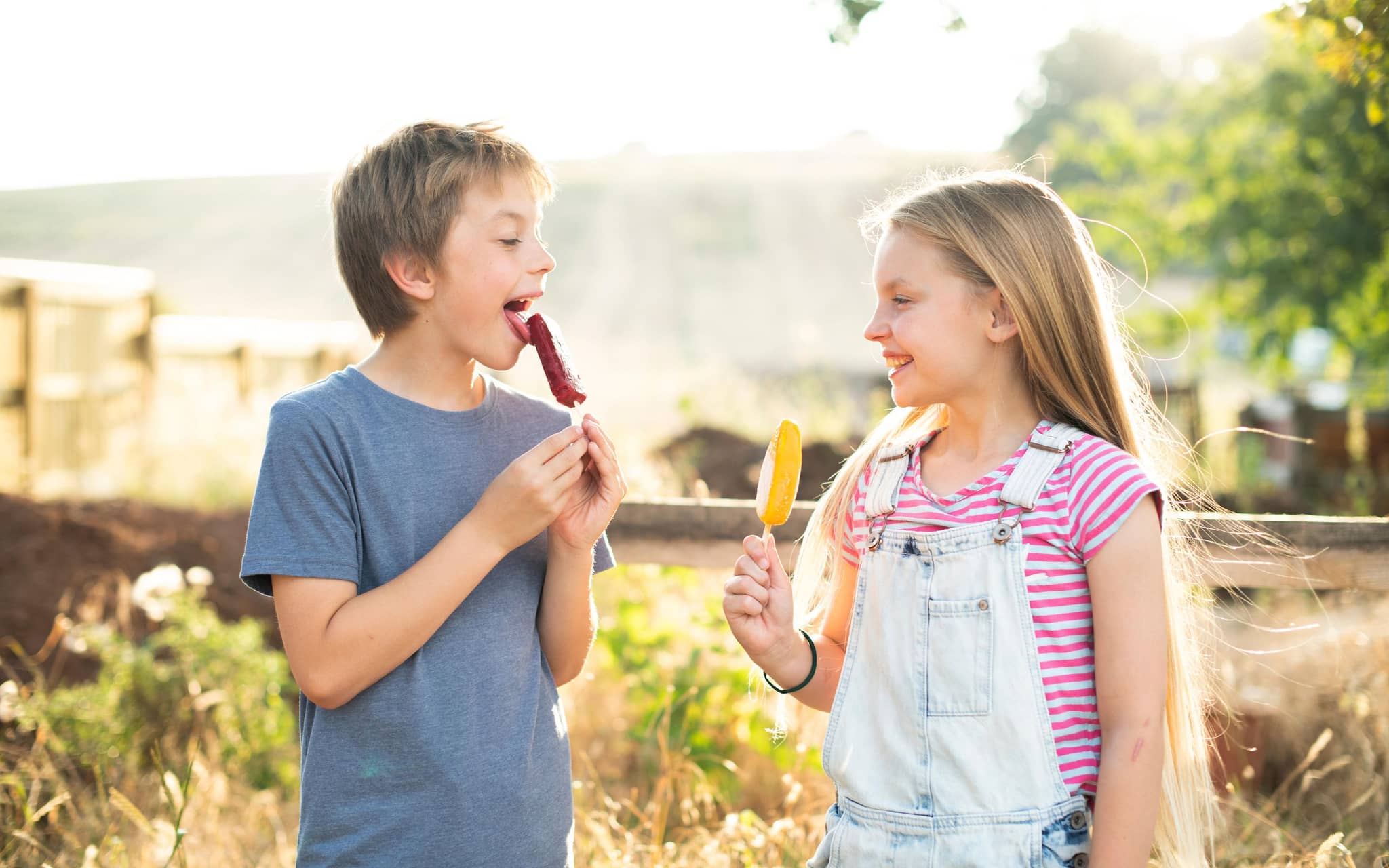 Eiskalte Erfrischung: Zwei Kinder essen ein selbstgemachtes Eis am Stiel.