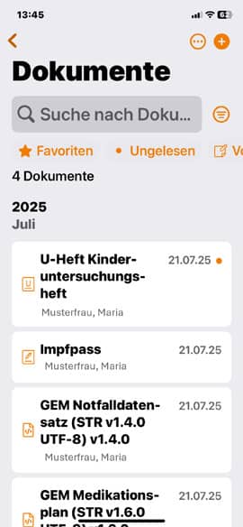 Screenshot aus der DAK ePA-App: Startseite Dokumente