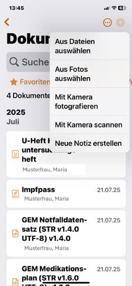 Screenshot aus der DAK ePA-App: Startseite Dokument hinzufügen