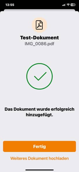 Screenshot aus der DAK ePA-App: Bestätigung Dokument hochgeladen