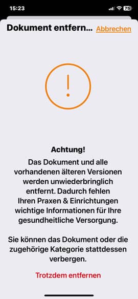 Screenshot aus der DAK ePA-App: Dokument löschen