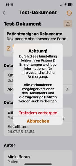 Screenshot aus der DAK ePA-App: Hinweistext Dokument verbergen