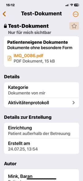 Screenshot aus der DAK ePA-App: Testdokument ist verborgen