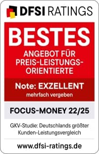 Siegel: Von DFSI für die DAK mit der Auszeichnung: Exzellentes Angebot für Preis-Leistungs-Orientierte. Focus-Money 22/25