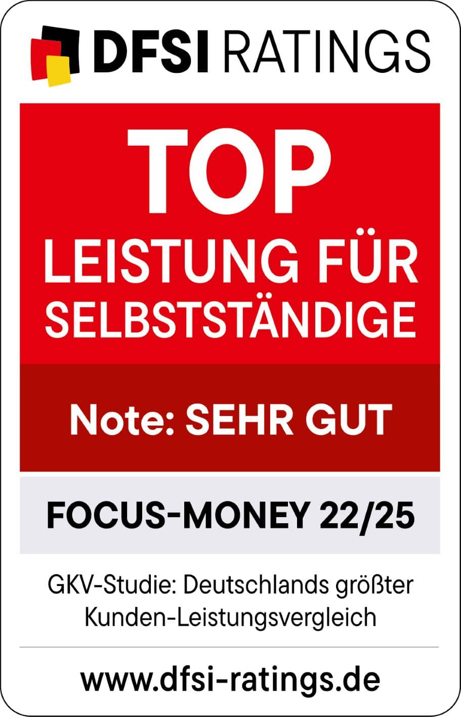 Auszeichnungen: Siegel von Focus Money als Top Krankenkasse für Selbstständige. Note Sehr gut. 22/2025