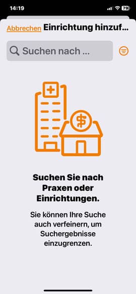 Screenshot der DAK ePA-App: Berechtigungen vergeben - Nach Einrichtungen suchen