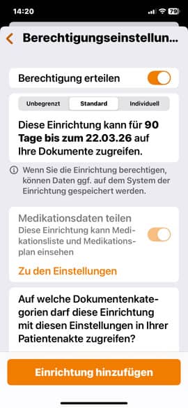 Screenshot der DAK ePA-App: Berechtigungen vergeben - Berechtigung 90 Tage