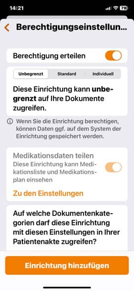 Screenshot der DAK ePA-App: Berechtigungen vergeben - Berechtigung unbegrenzt
