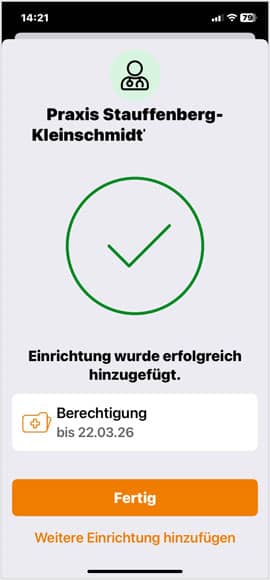 Screenshot der DAK ePA-App: Berechtigungen vergeben - Berechtigung bestätigt
