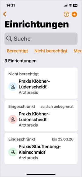 Screenshot der DAK ePA-App: Berechtigungen vergeben - Übersicht Berechtigungen