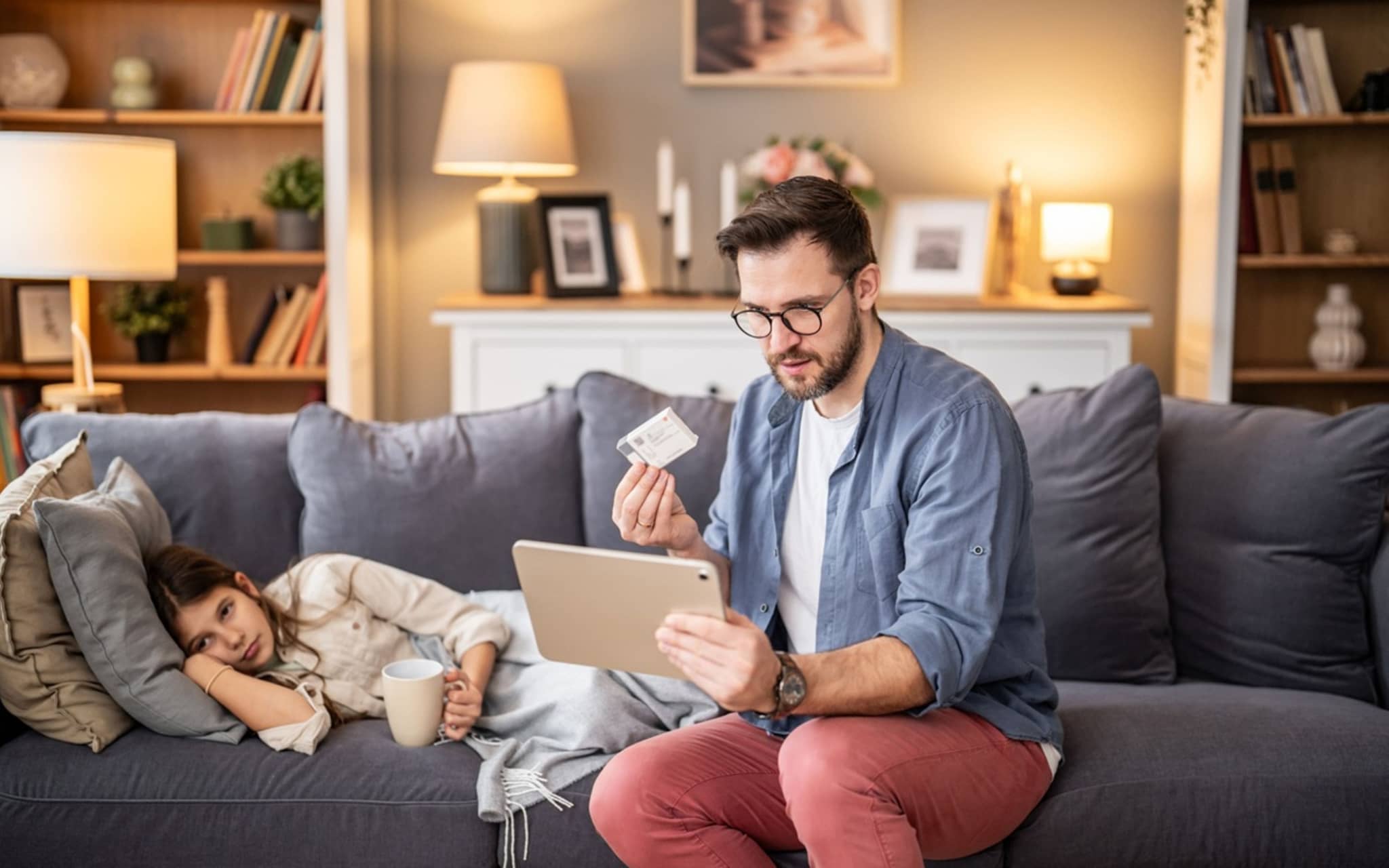 Mann sitzt mit Tablet und Karte auf dem Sofa, neben ihm liegt ein krank wirkendes Kind mit Decke und Tasse.