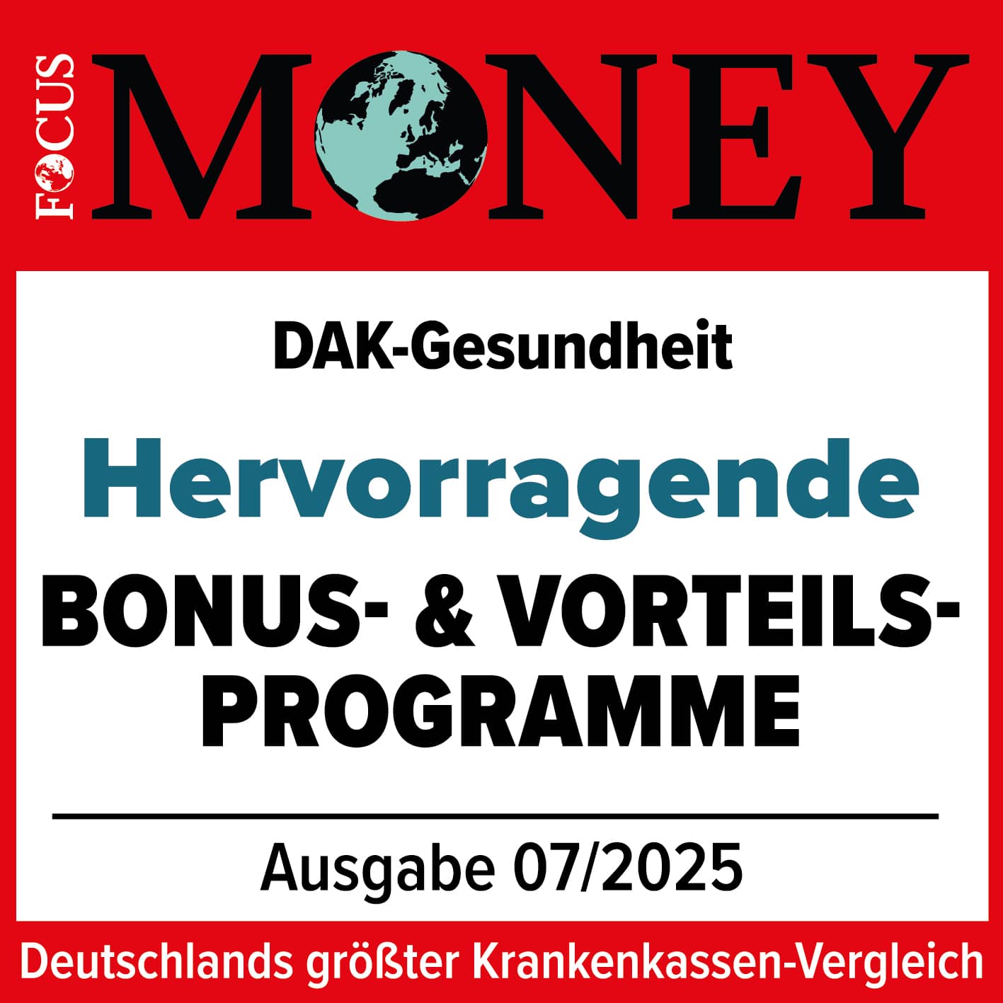 Auszeichnungen: Siegel von Focus Money für hervorragende Bonus- und Vorteilsprogramme