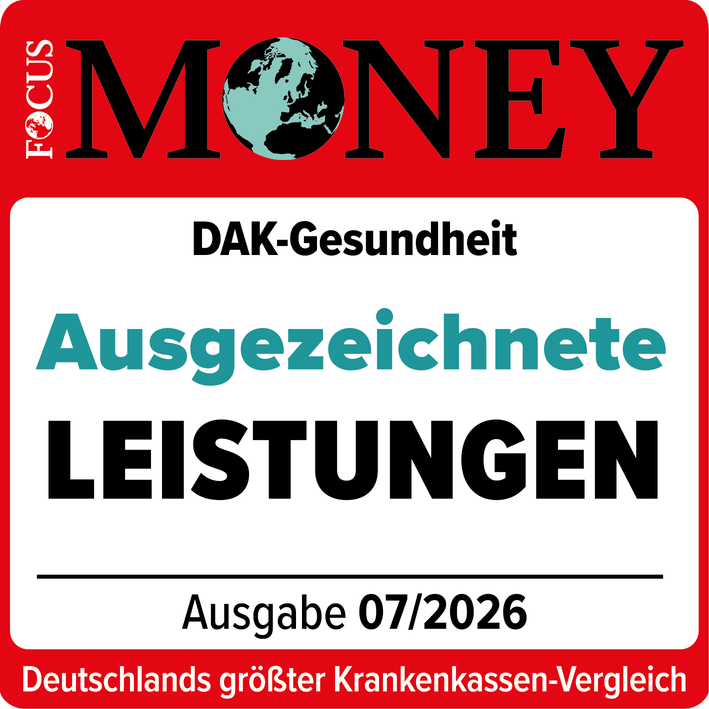 Auszeichnungen: Siegel von Focus Money für ausgezeichnete Leistungen.