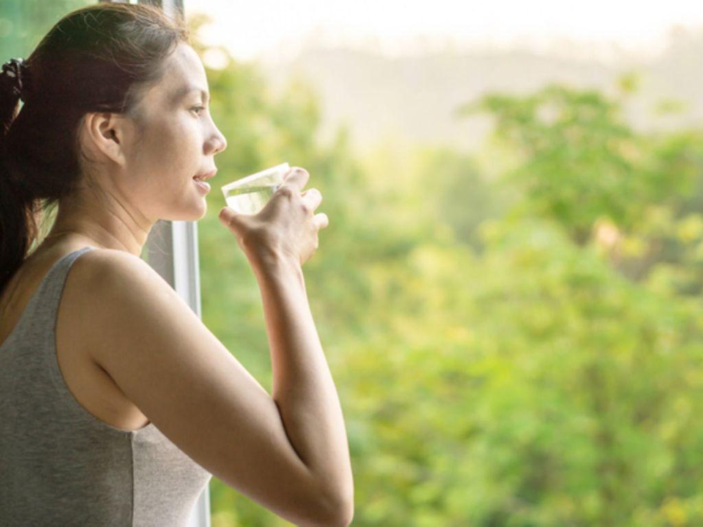 Reger Stoffwechsel: Frau trinkt ein Glas Wasser und schaut aus dem Fenster