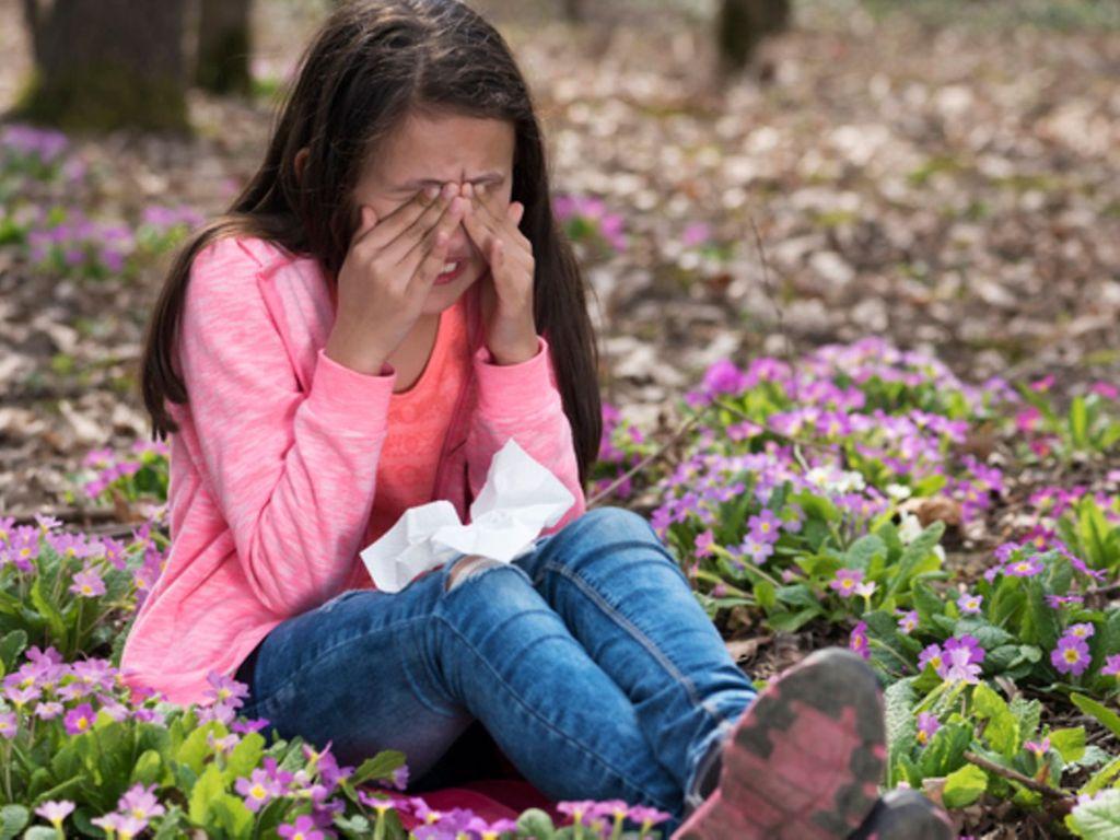Symbolbild für Heuschnupfen bei Kindern: Ein kleines Mädchen sitzt auf einer Blumenwiese und reibt sich die Augen