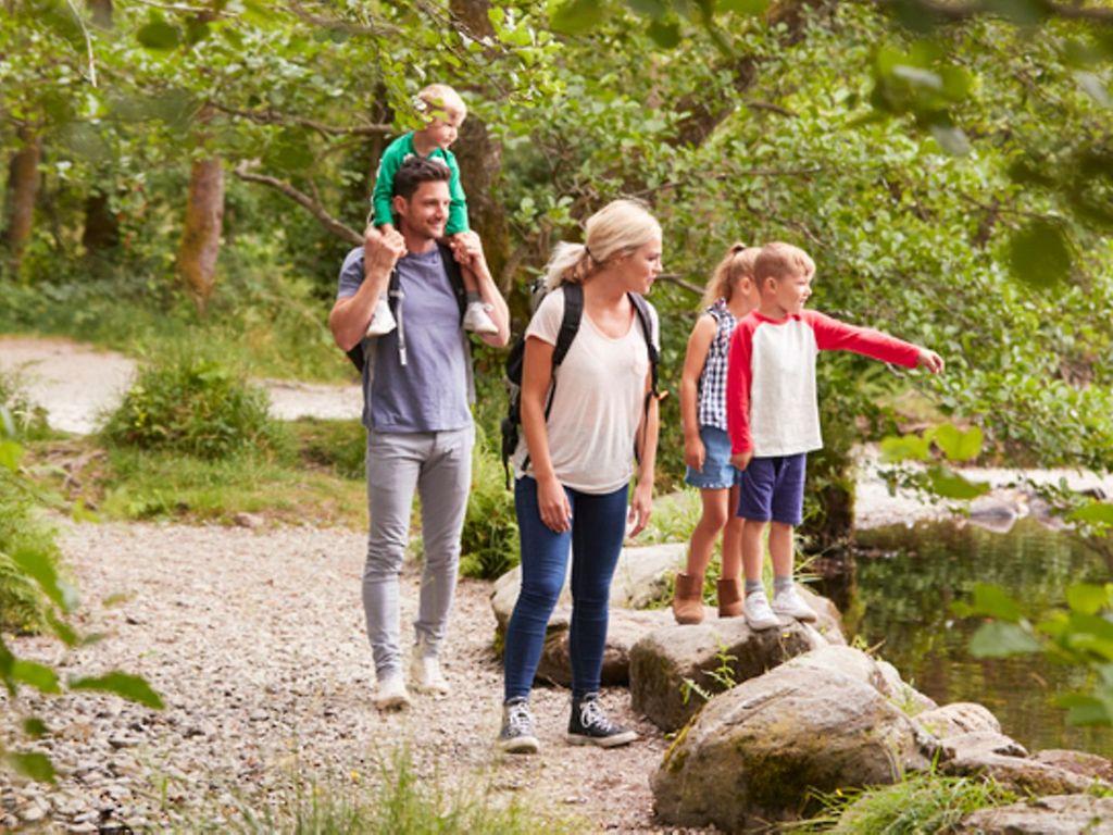 Symbolbild Wandern mit Kindern: Ein Mann und eine Frau wandern mit drei Kindern im Wald