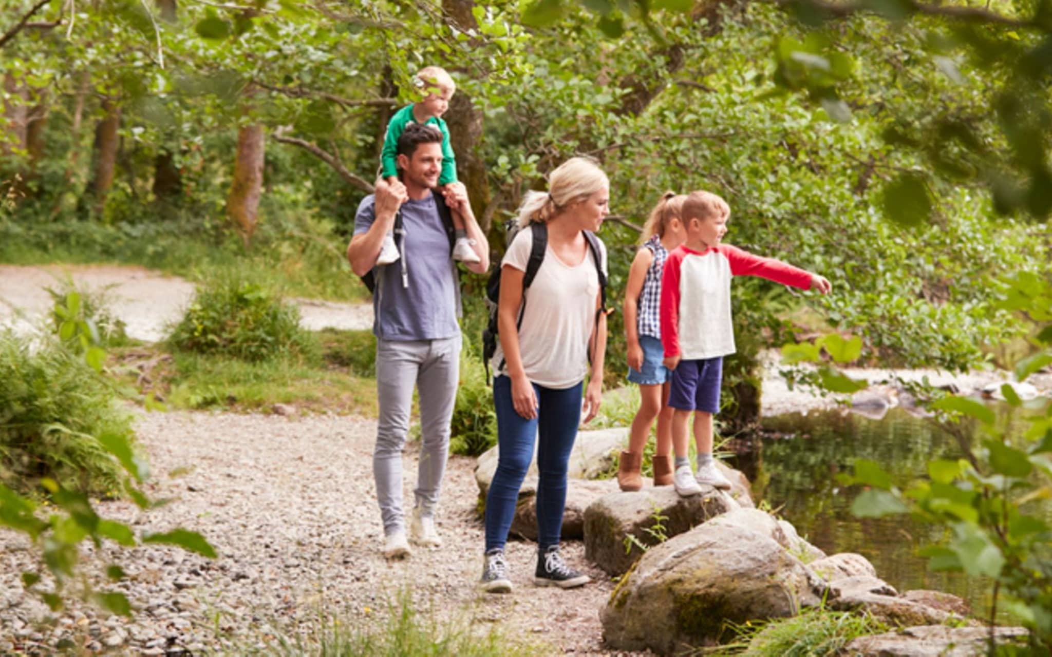 Symbolbild Wandern mit Kindern: Ein Mann und eine Frau wandern mit drei Kindern im Wald