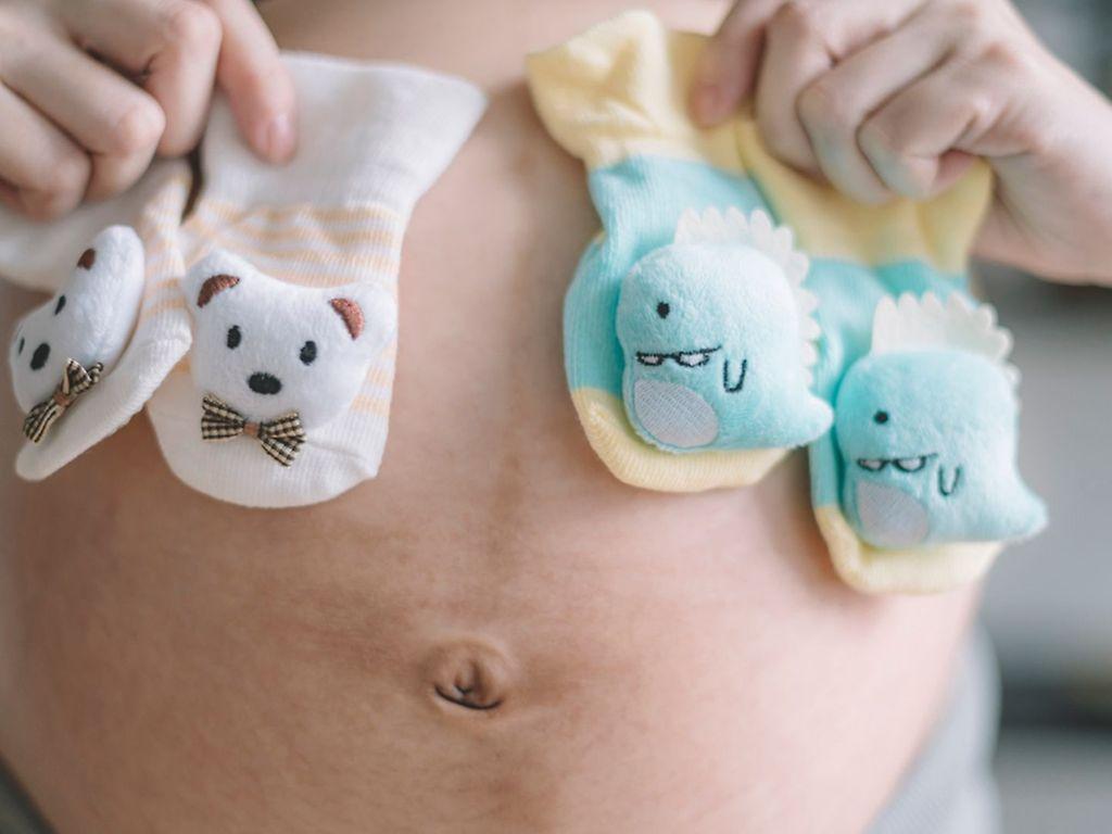 Zwillingsschwangerschaft: Frau hält Zwei Paar Söckchen vor ihren Schwangerschaftsbauch