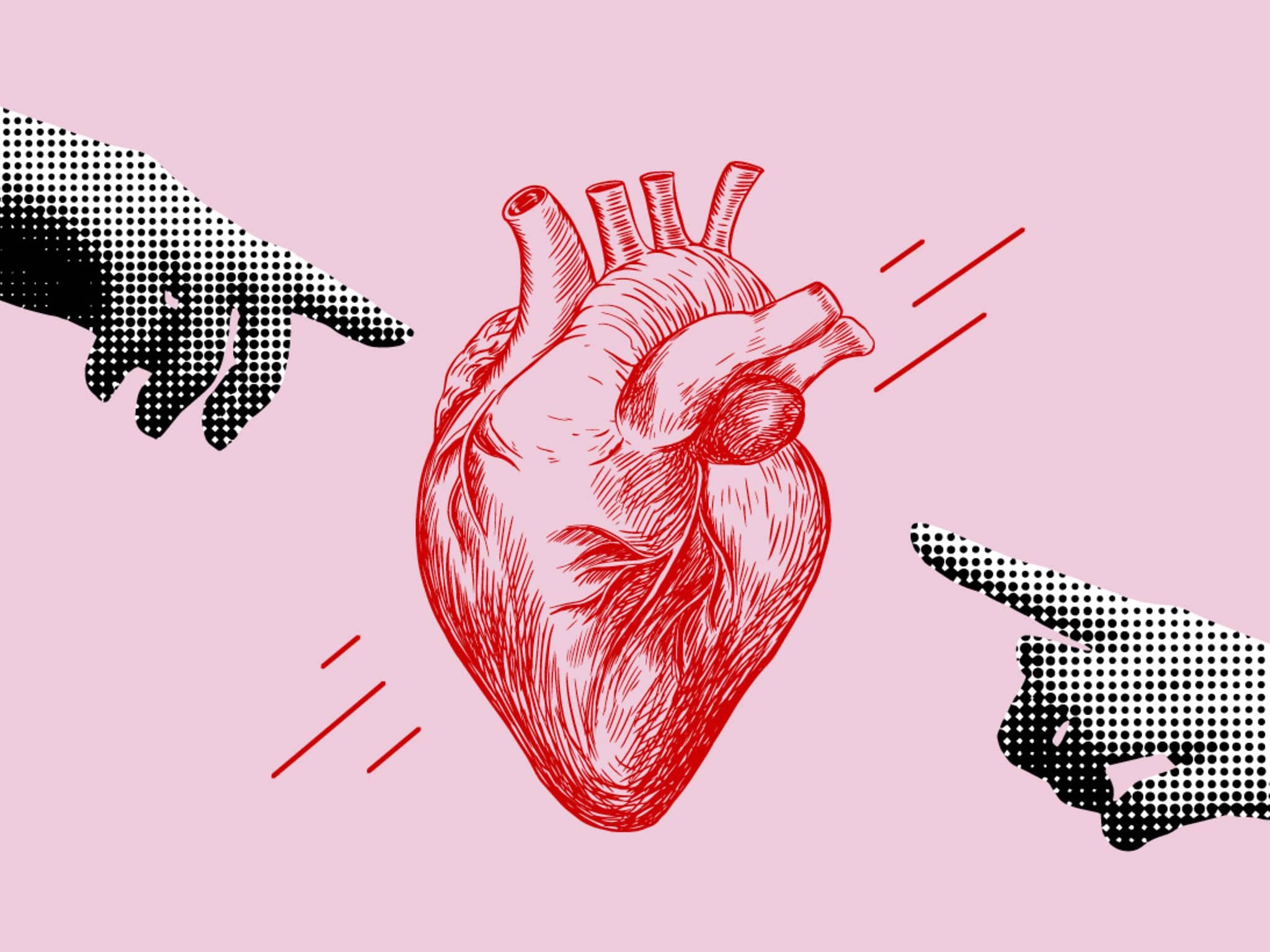 Herzgesundheit: Illustration eines Herzens und zweier Hände, die auf das Herz zeigen.