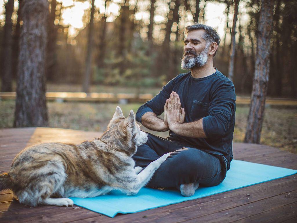 Bluthochdruck: Mann sitzt mit Hund im Freien und meditiert zur Entspannung