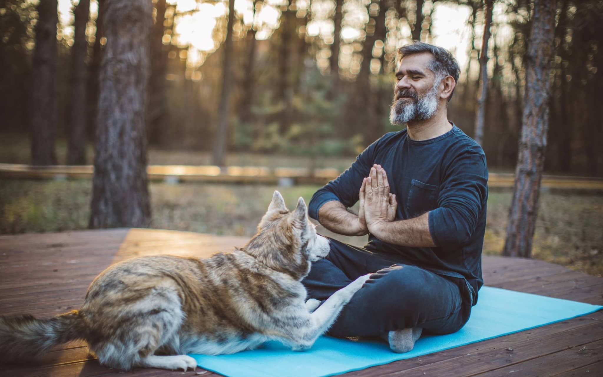 Bluthochdruck: Mann sitzt mit Hund im Freien und meditiert zur Entspannung