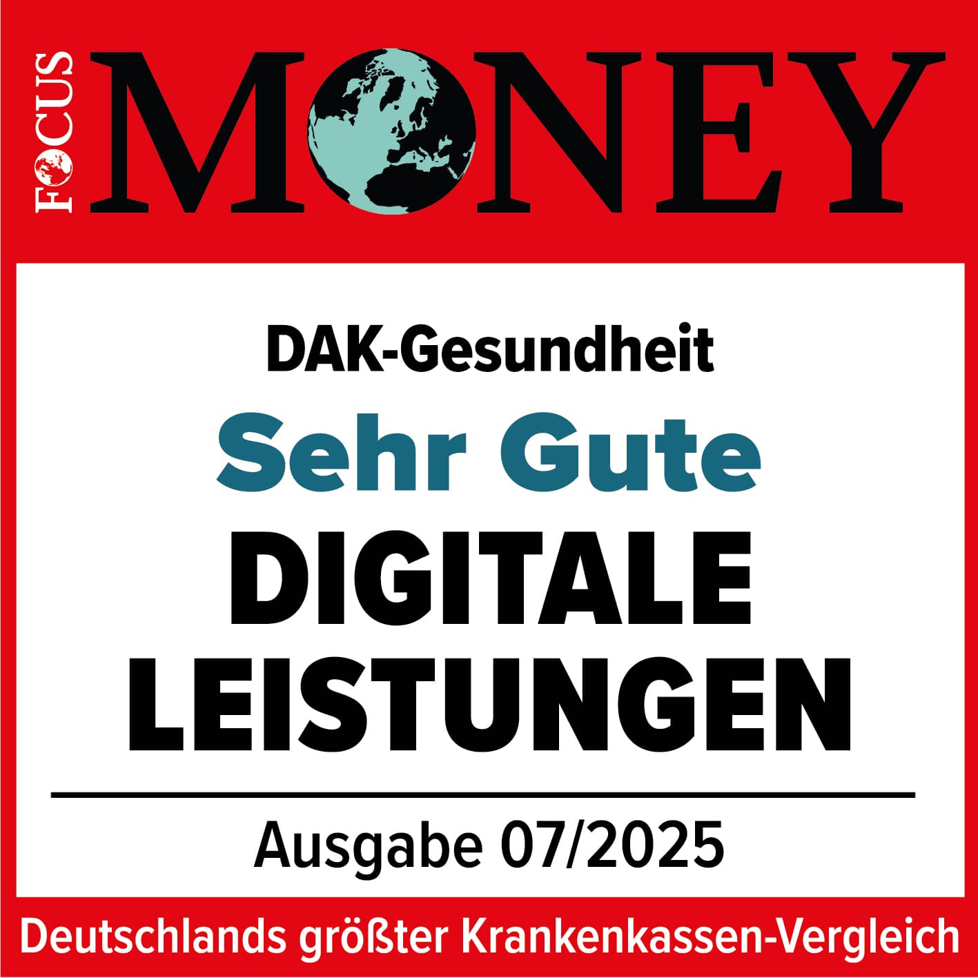 Auszeichnungen: Siegel von Focus Money für sehr gute digitale Leistungen.
