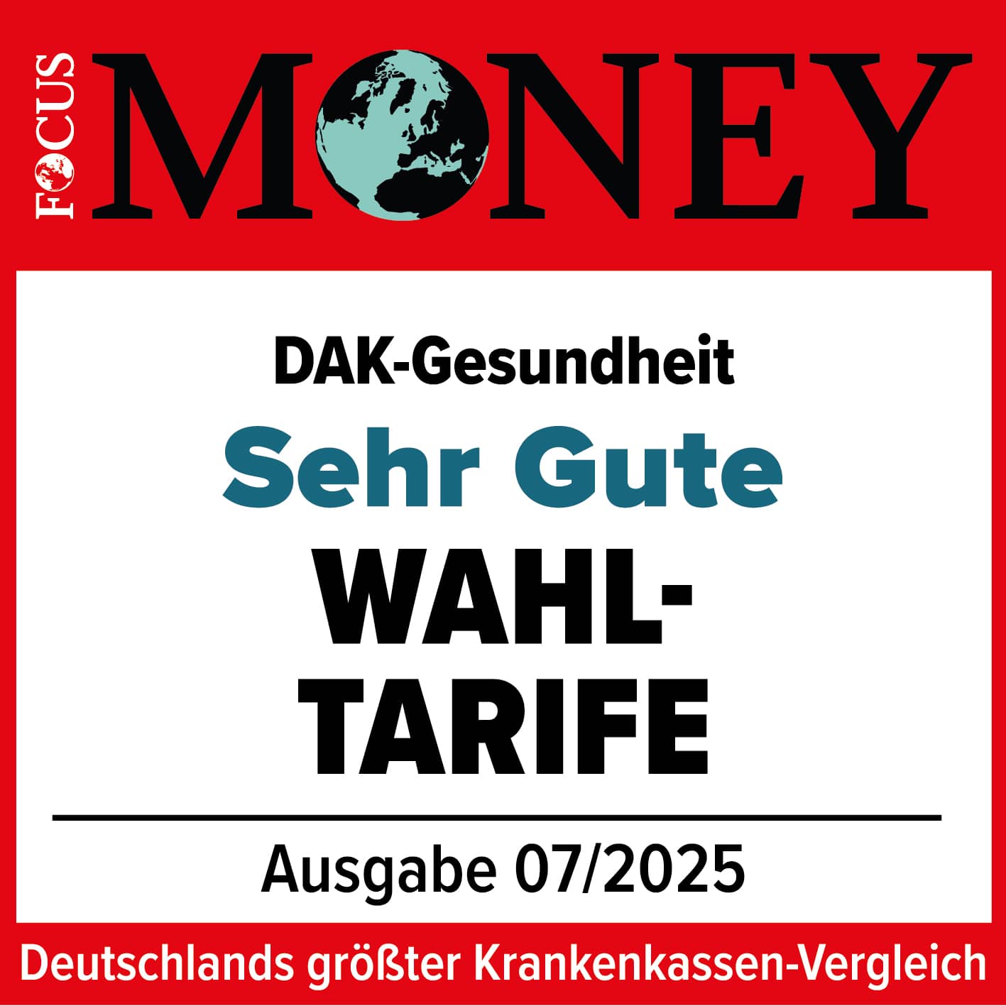 Auszeichnungen: Siegel von Focus Money für sehr gute Wahltarife.