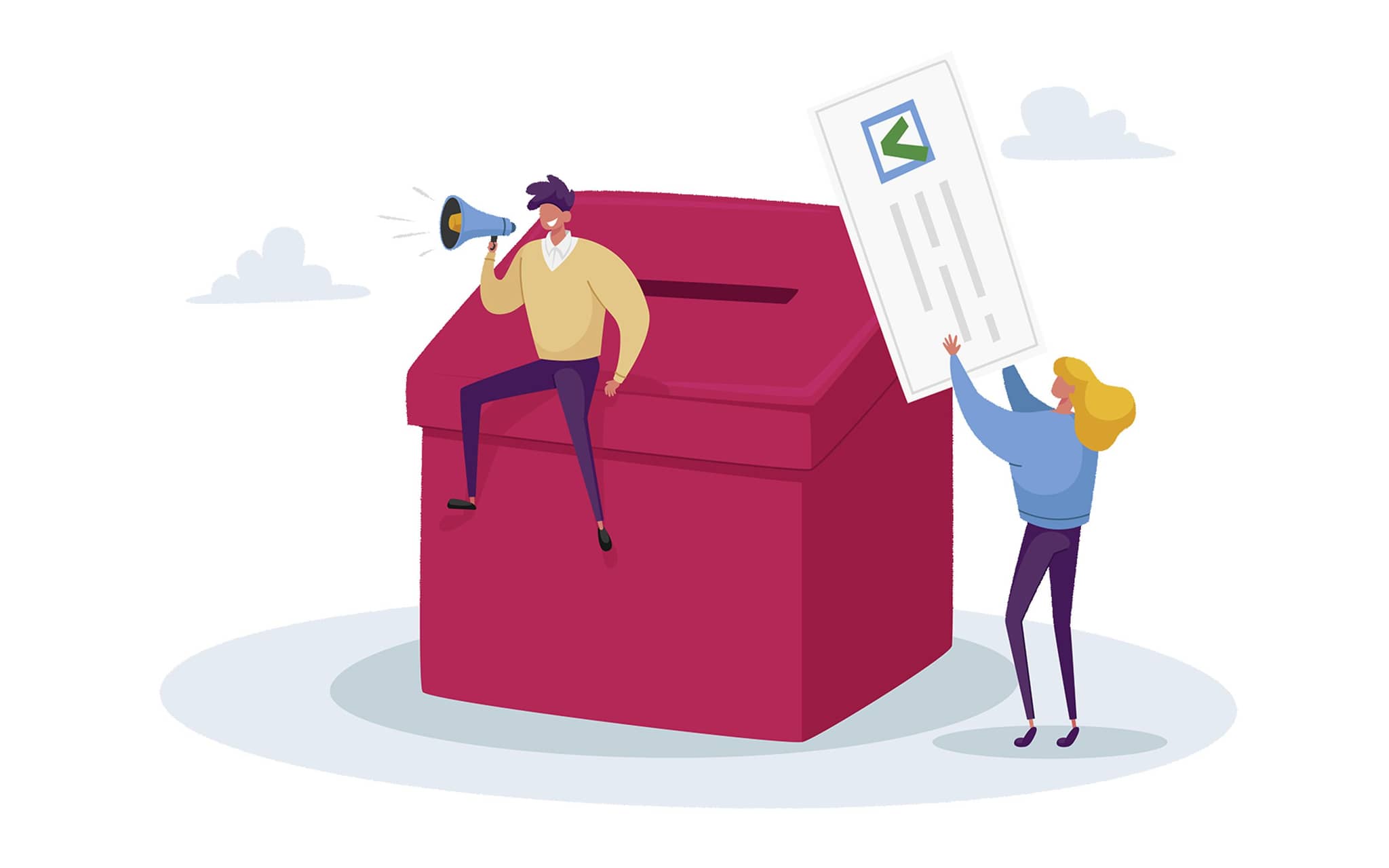 Symbolgrafik zur Sozialwahl 2023: Ein Mann sitzt mit Megaphon auf einen Briefkasten, in den der Wahlbrief gesteckt wird