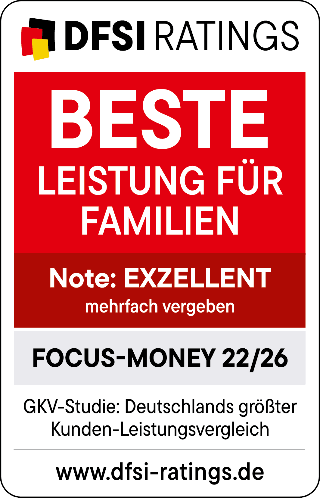 Auszeichnungen: Siegel von DFSI und Focus Money für die DAK-Gesundheit mit der Auszeichnung: Exzellente Leistungen für Familien.