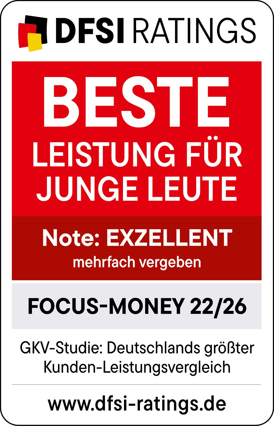 Auszeichnungen: Siegel von DFSI und Focus Money für die DAK mit der Auszeichnung: Exzellente Leistungen für junge Leute.