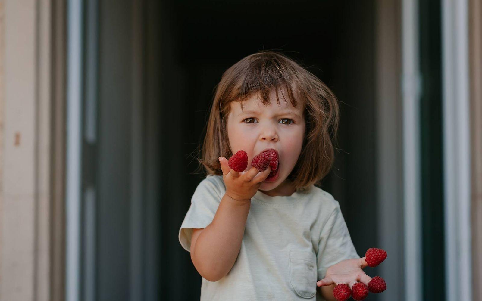 Gesunde Ernährung: Kleines Mädchen isst Himbeeren, die auf ihren Fingern stecken