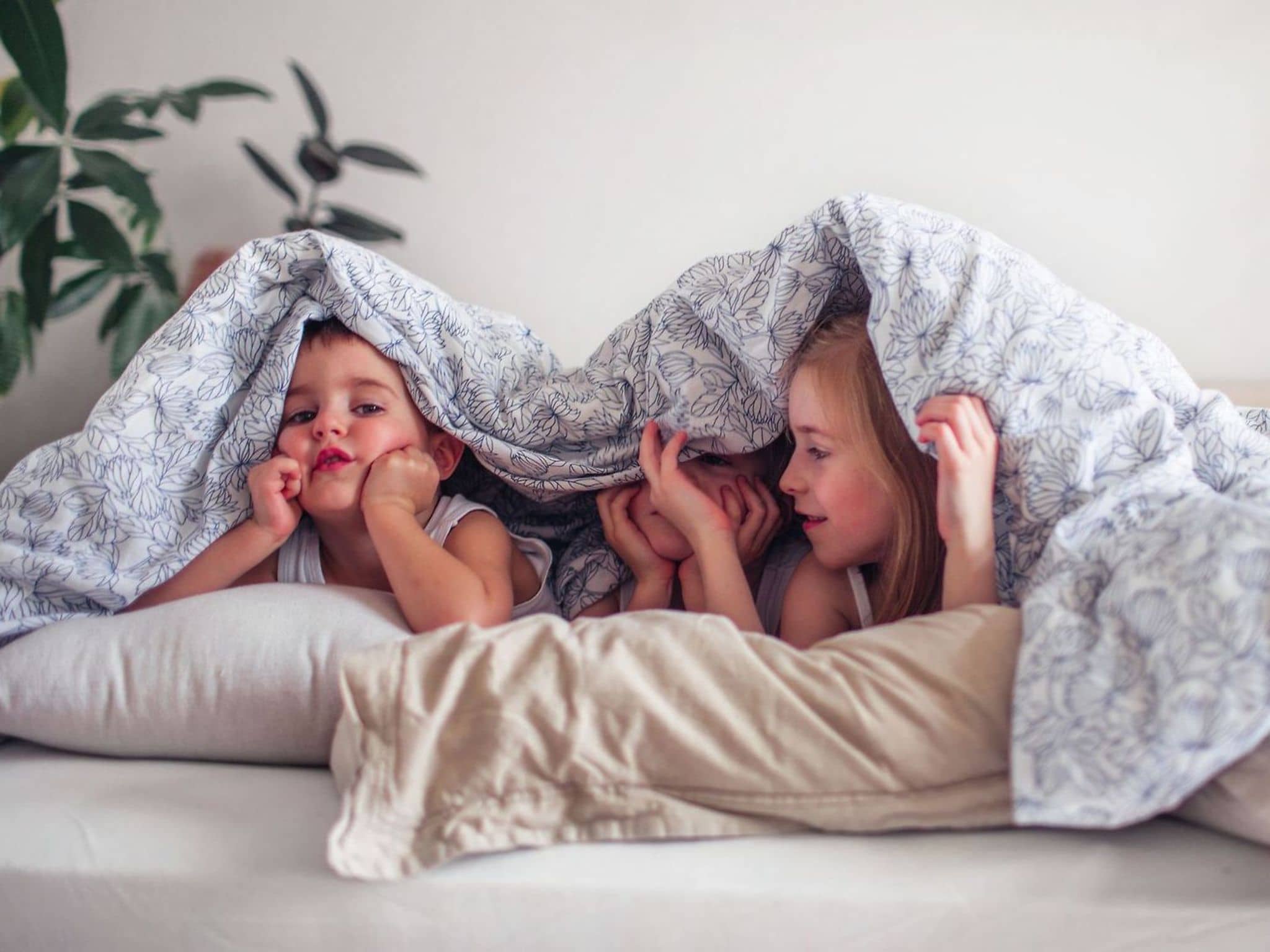 Die leistungsstarke Krankenkasse für Familien: Drei Kinder verstecken sich unter einer Bettdecke.