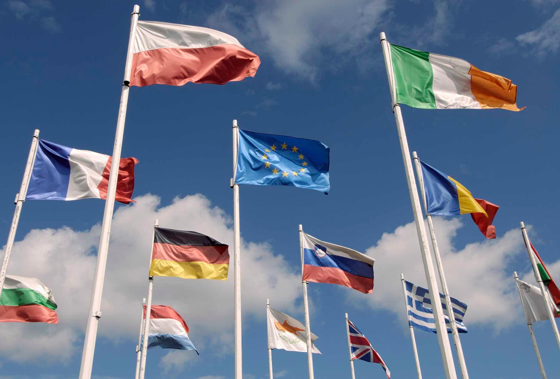 Bild: Flaggen unterschiedlicher Länder, in der Mitte die der Europäischen Union