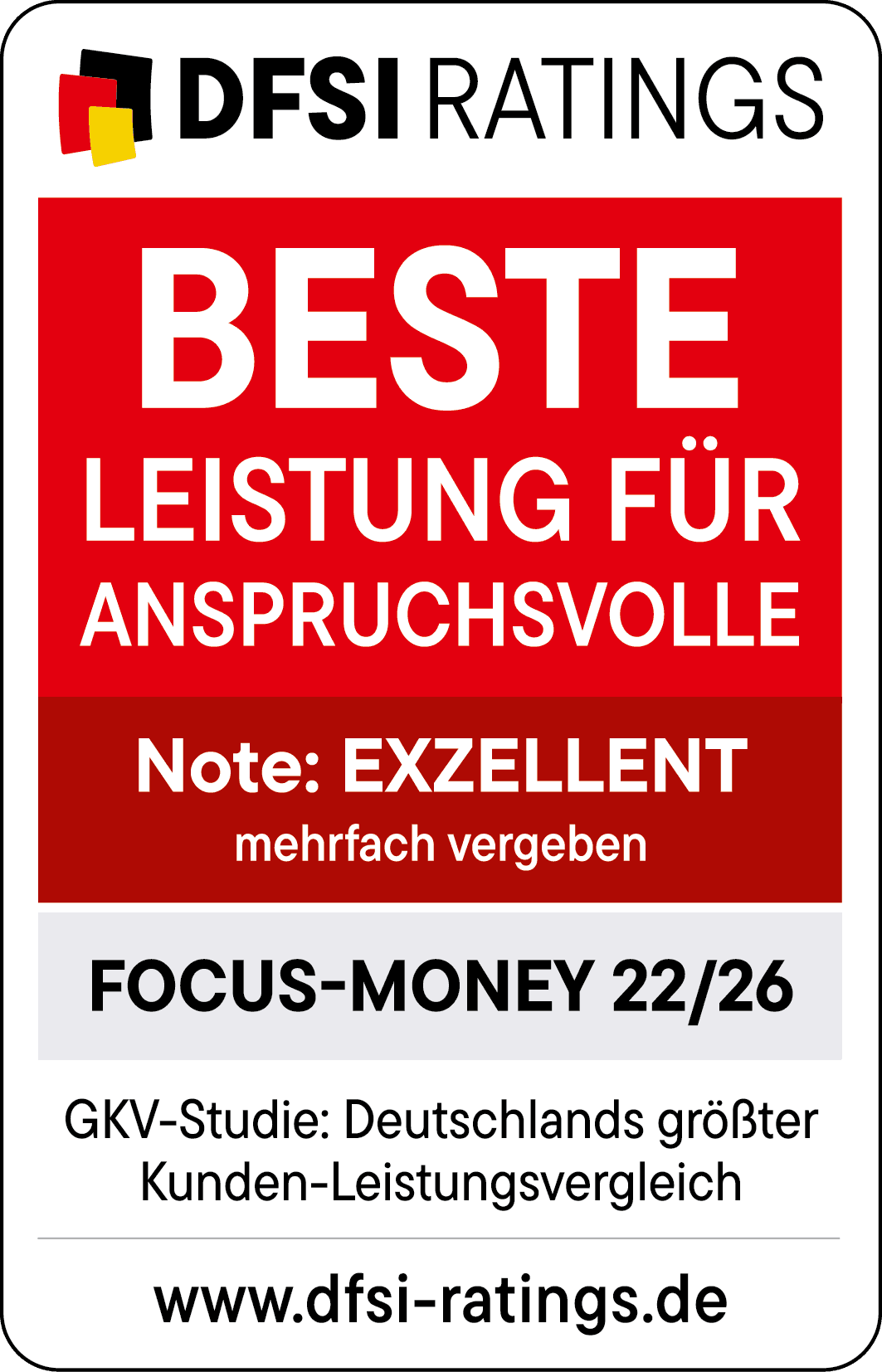 Siegel von DFSI & Focus Money für die DAK-Gesundheit mit der Auszeichnung: Exzellente Leistungen für Anspruchsvolle.