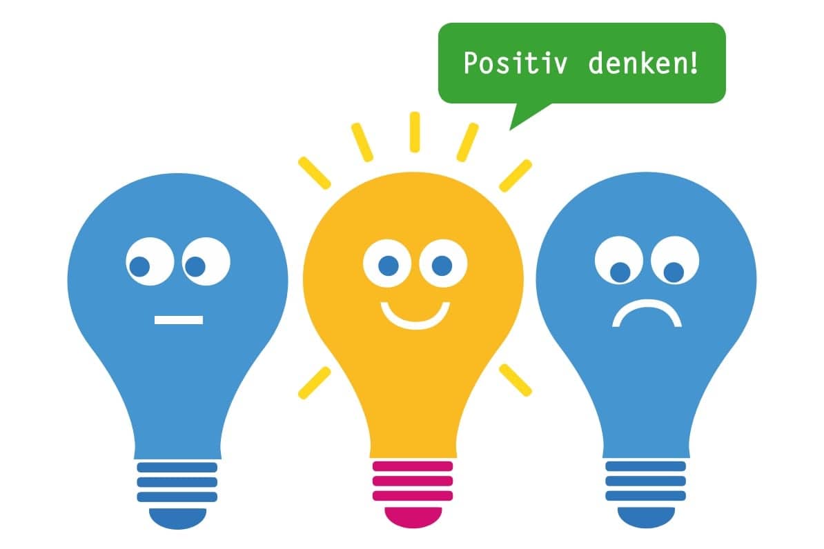 Abbildung: Drei Glühbirnen, die verschiedene Moods haben und zum positiven Denken motivieren
