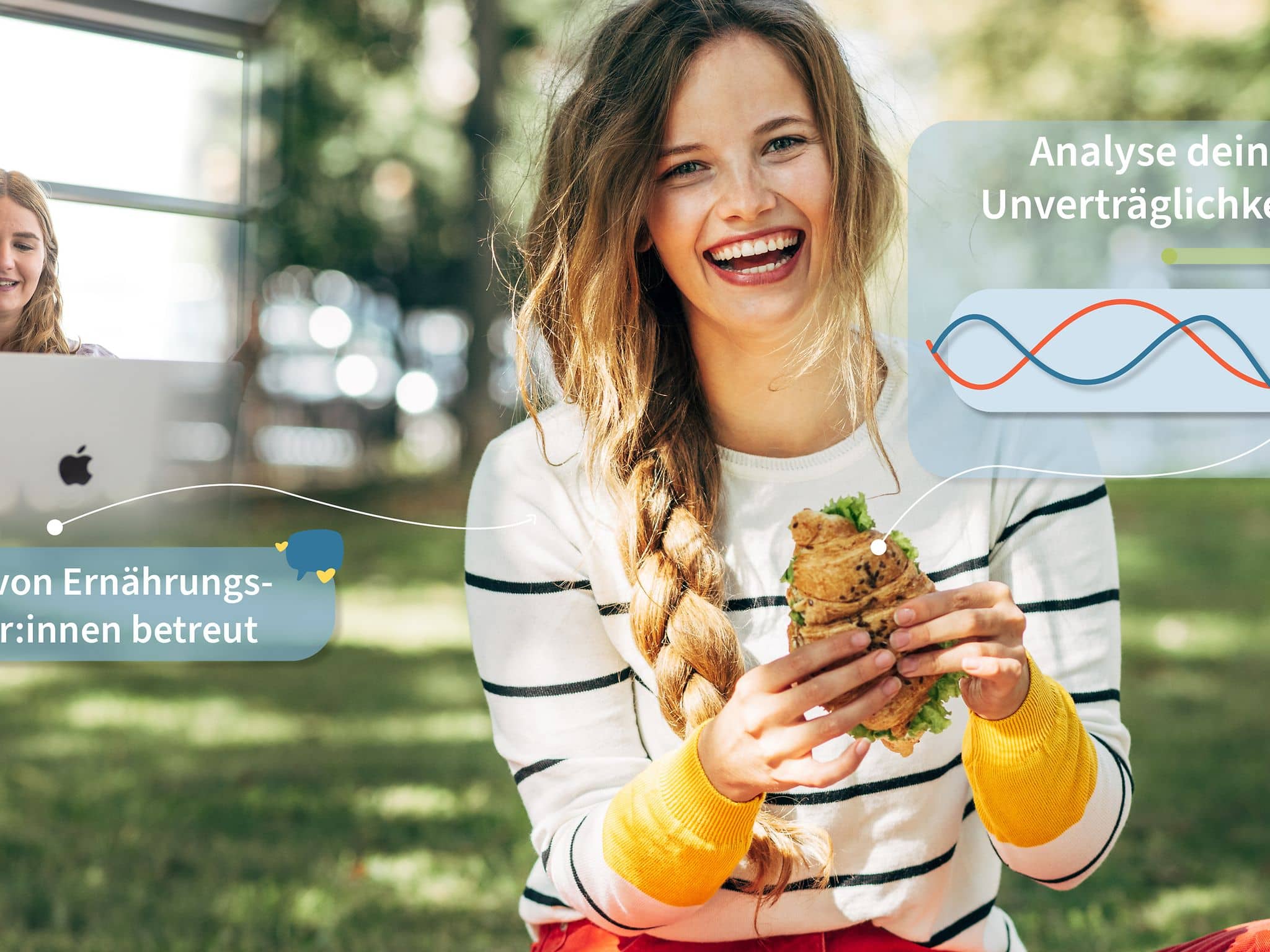 meal&heal App: Glückliche Frau isst ein Croissant.