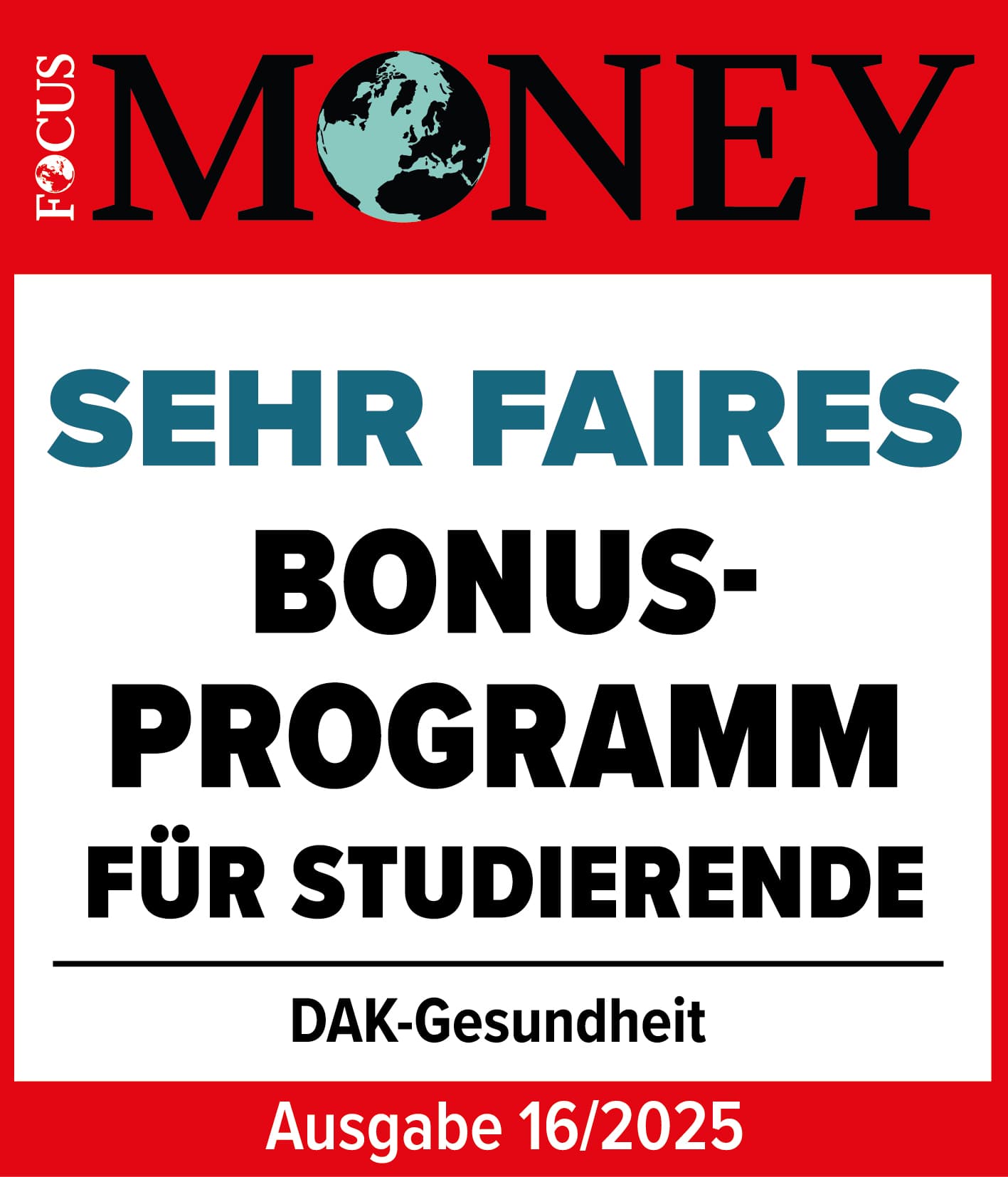 Auszeichnungen: Siegel von Focus Money als sehr faire Krankenkasse.
