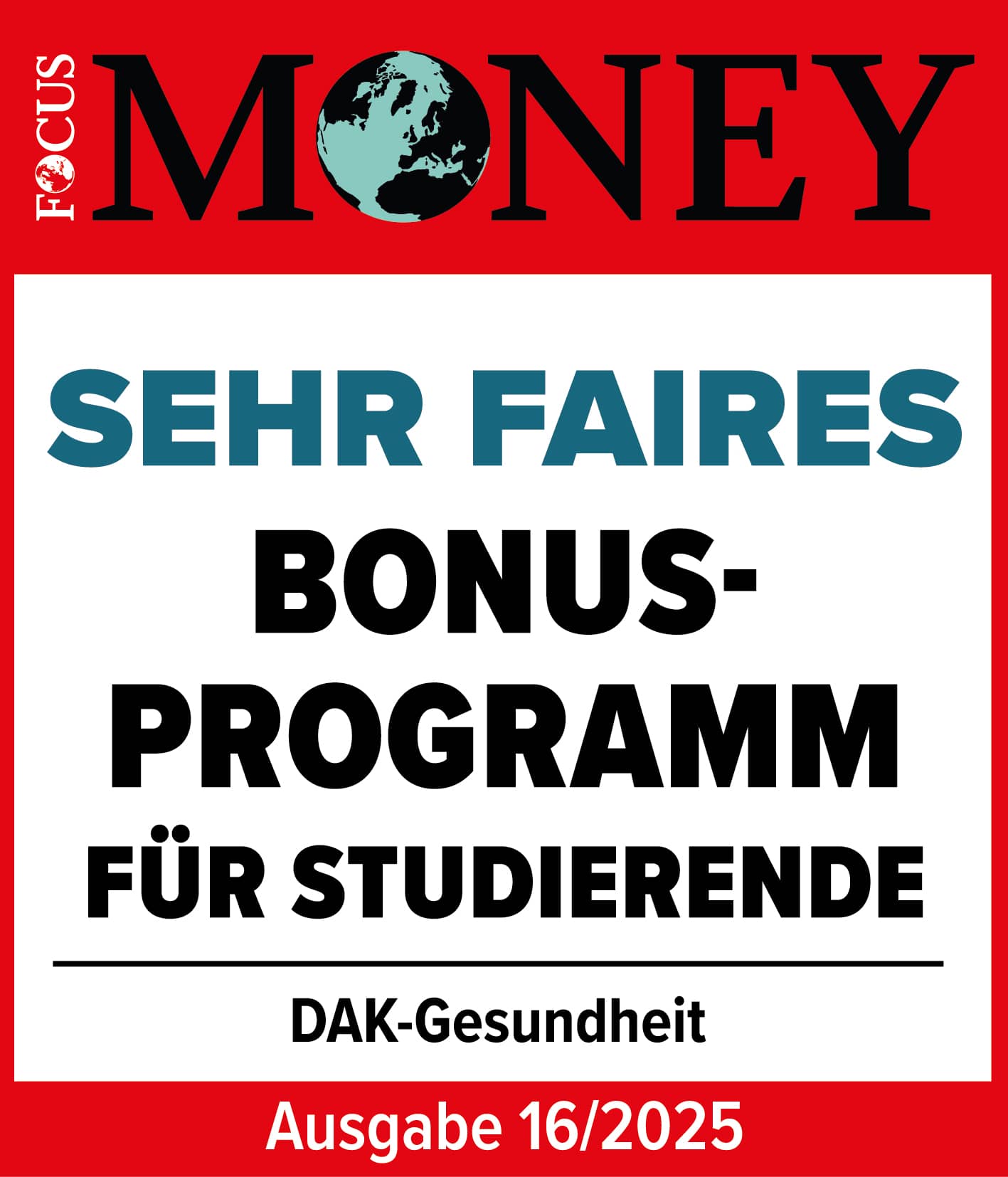 Auszeichnungen: Siegel von Focus Money als sehr faire Krankenkasse. Ausgabe 16/2025