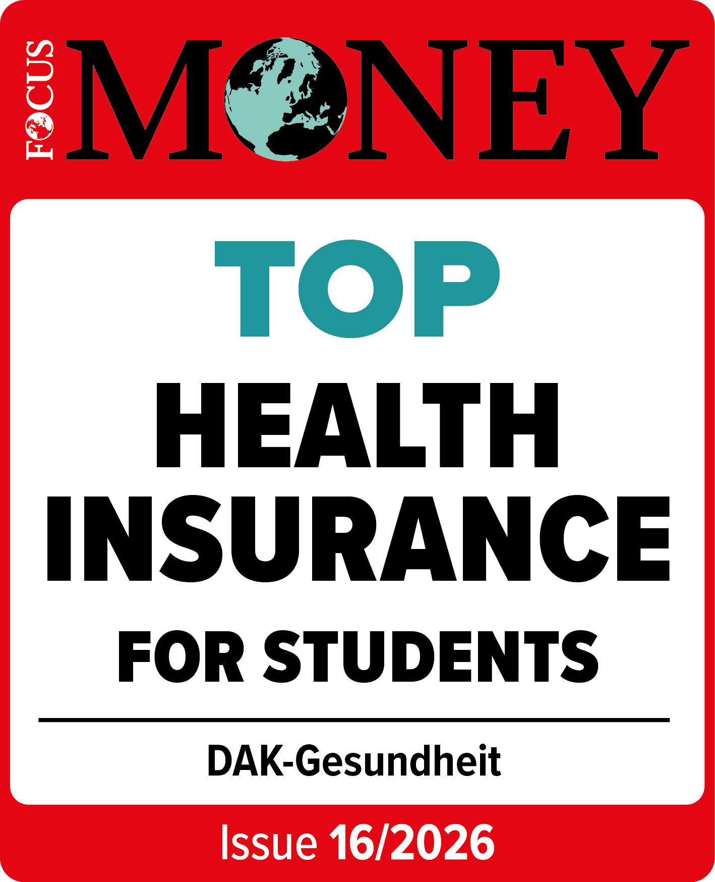 Seal: Focus Money Top Health Insurance für Students. Issue 16/2025