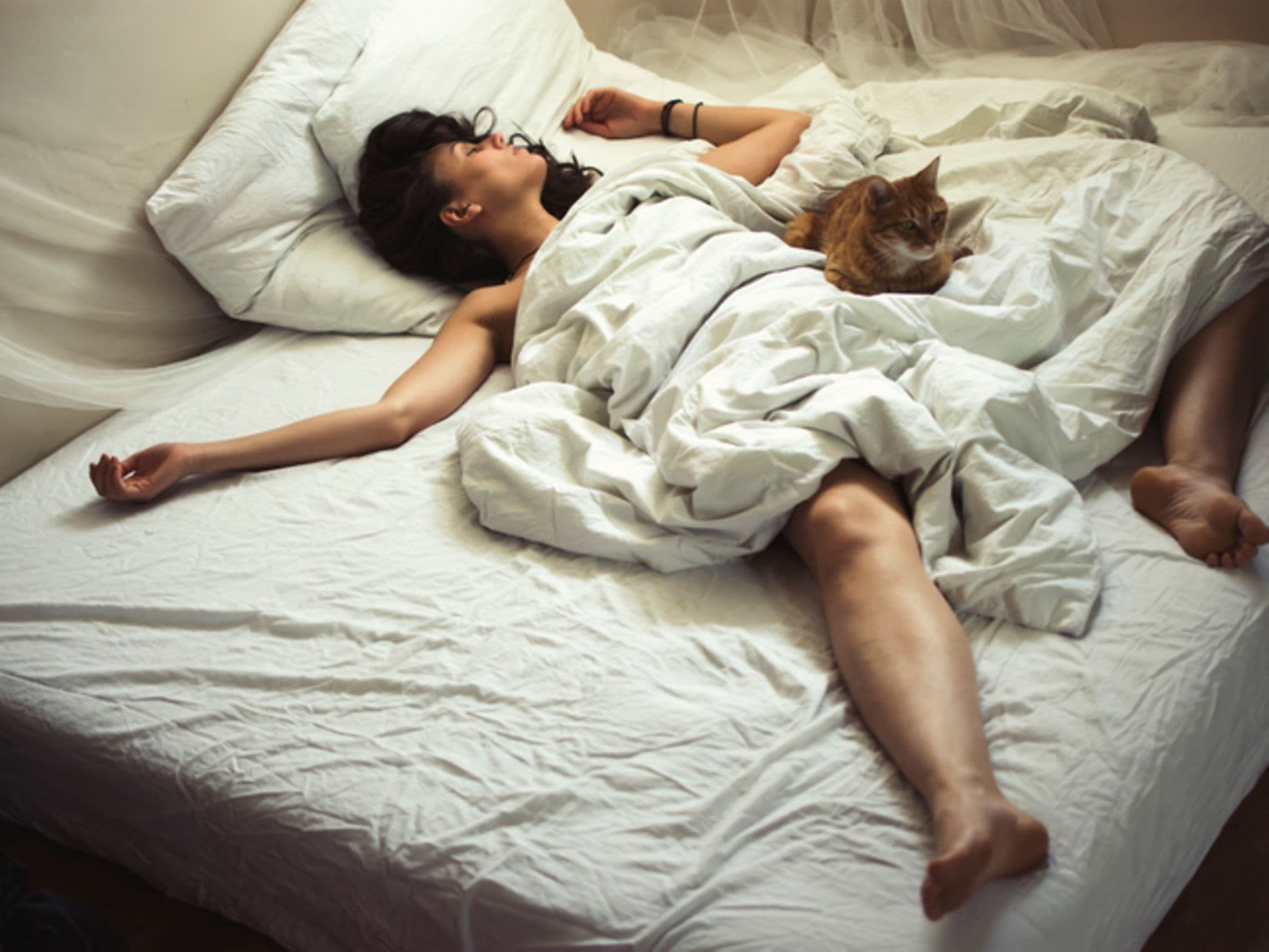 Schlafposition: Frau schläft eingekuschelt in ihrem Bett in der Rückenlage.